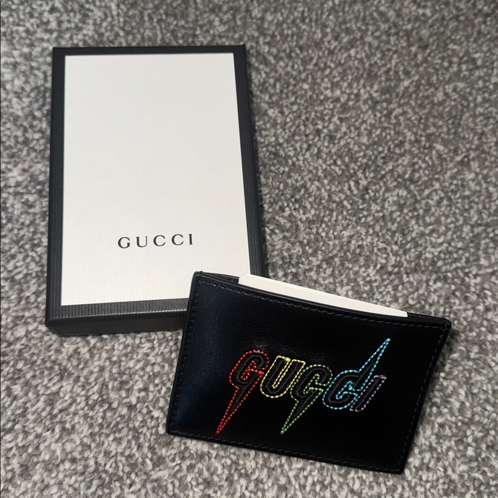 Gucci Black Card Holder with Multicolor Logo